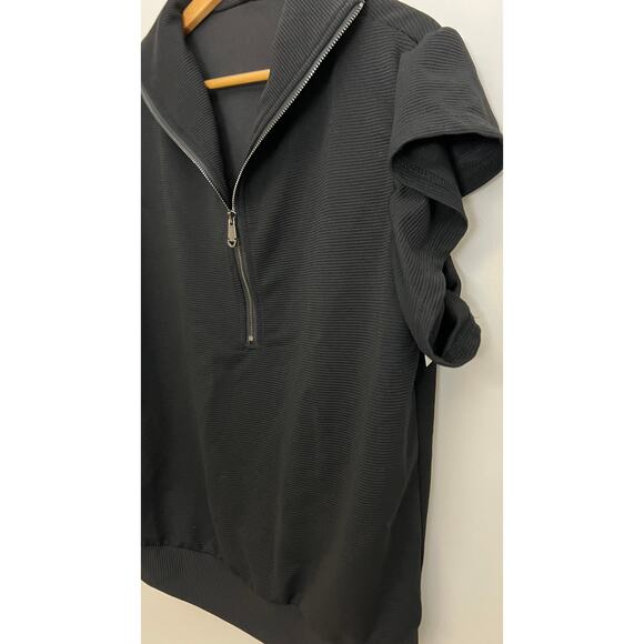 Black Ribbed Half Zip Top with Ruffle Sleeves Size XL - Picture 3 of 6